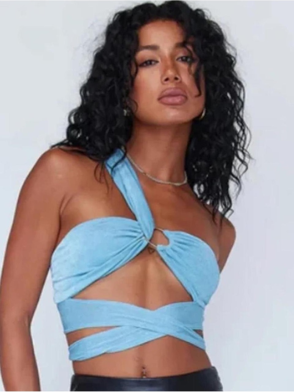 Princess Polly Sky Blue Twist Halter Wrap Crop Top